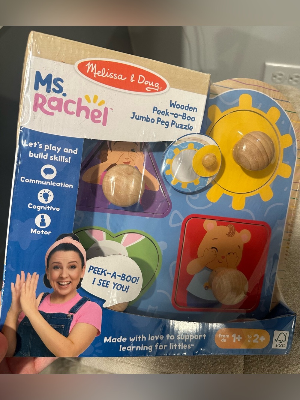 Melissa & Doug Ms. Rachel Wooden Peek-a-Boo Jumbo Peg Puzzle Ages 1-2